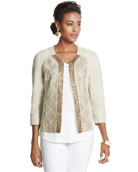 Chicos jacket - 570077886. Tribal ikat comes to life on our chic cotton jacket—it's crafted with a hint of stretch for a flawless fit. Patch hand pockets. Split cuffs. Length: 24" to 25". 97% cotton, 3% spandex. Unlined. Machine wash. Imported.